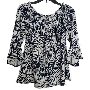 Escapada Living Flowy Tropical Top Navy White Palm Leaf Bell Sleeve Ruffle SZ:S